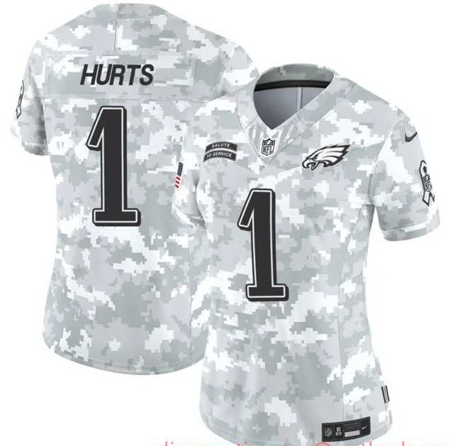 Womens Philadelphia Eagles #1 Jalen Hurts 2024 F.U.S.E Arctic Camo Salute To Service Limited Stitched Jersey Dzhi